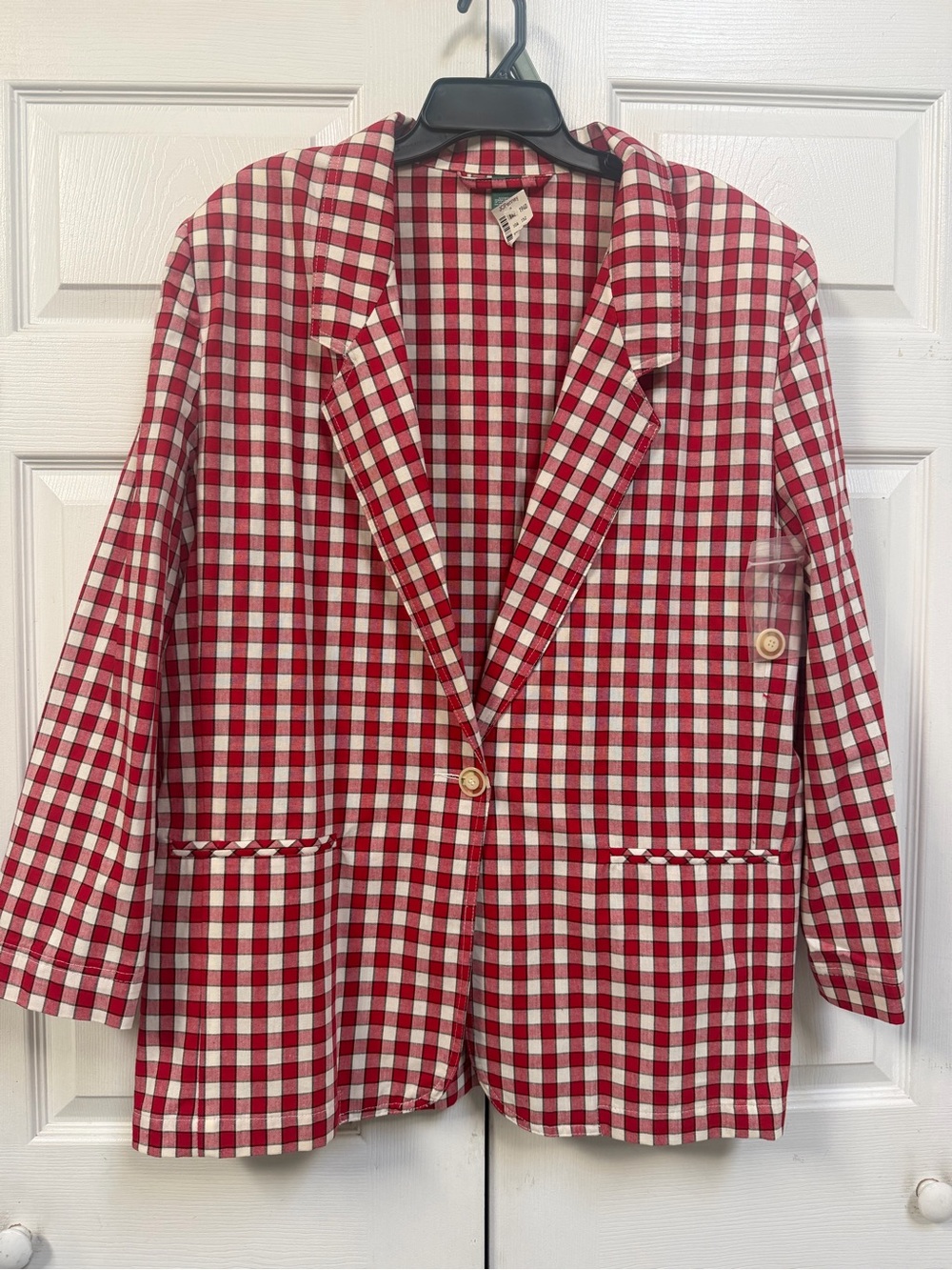 Red & White Plaid Gingham Blazer 100% Cotton Jacket Women's Size XL NOS - Picture 14 of 15